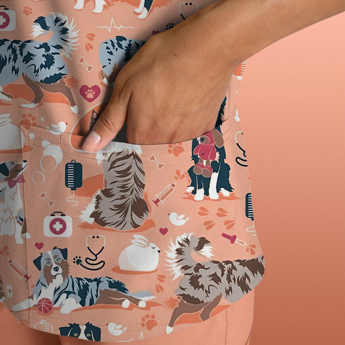 Cute Dog Pattern Veterinary Scrub Top, Breathable Fabrics Nursing Uniform