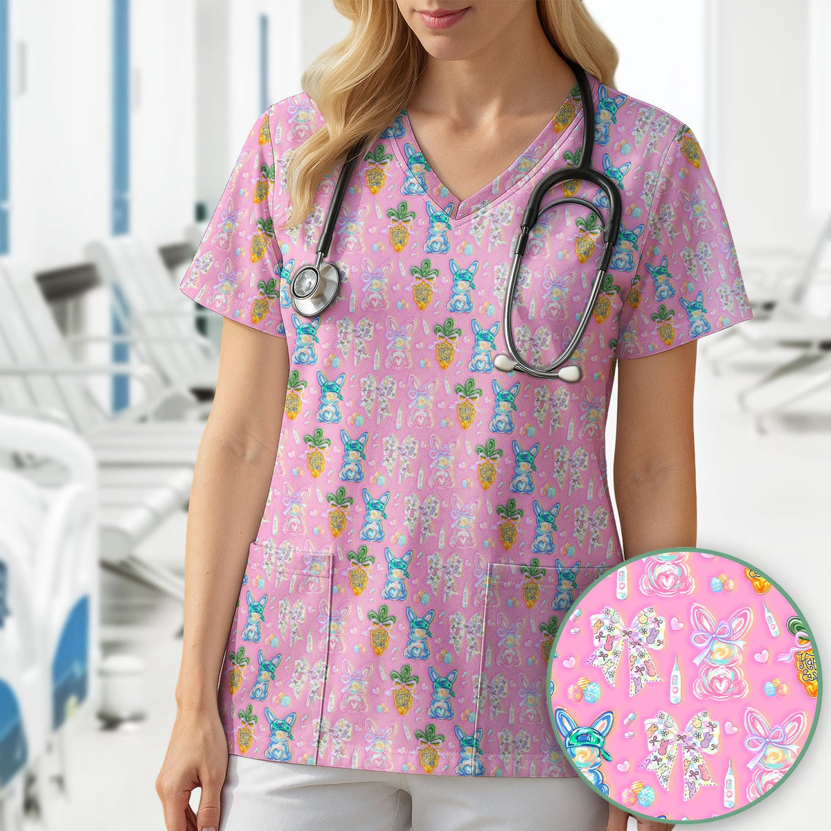 Bunny Carrot Bow Nurse Scrub Top - Easter Gift