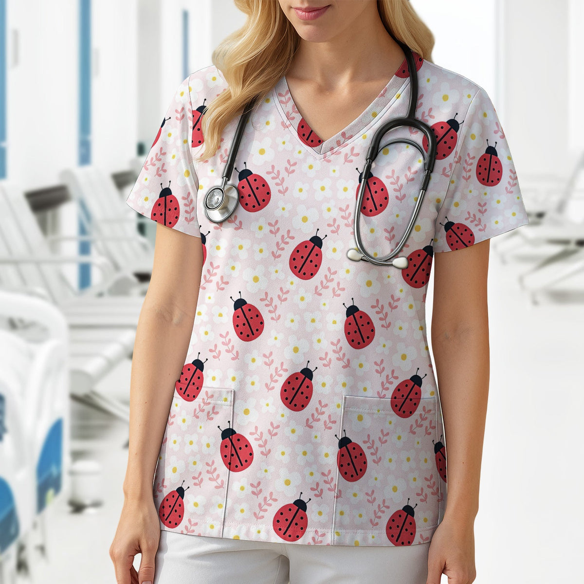 Lovely Ladybug Blossom Garden Nurse Scrub Top