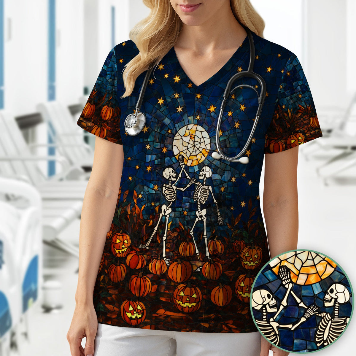 Skeleton Pumpkin Patch Nurse Scrub Top - Halloween Gift