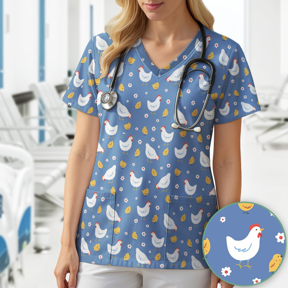 Chicken And Cute Chicks Nurse Scrub Top