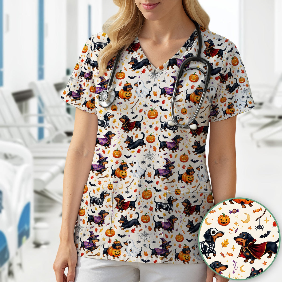 Halloween Dachshund Costume Nurse Scrub Top