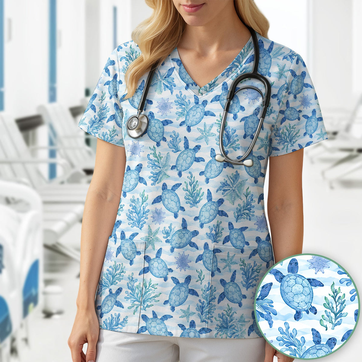 Coastal Sea Turtle Coral Nurse Scrub Top