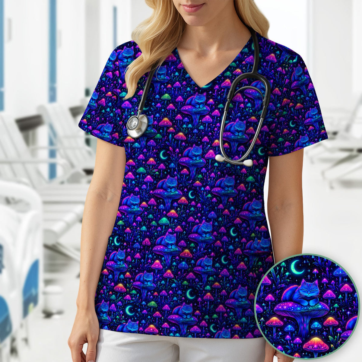 Neon Mushroom Cat Galaxy Scrub Top, Psychedelic Night Forest Nursing Uniform