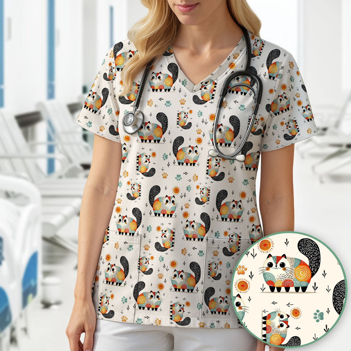 Cat Illustration Nurse Scrub Top