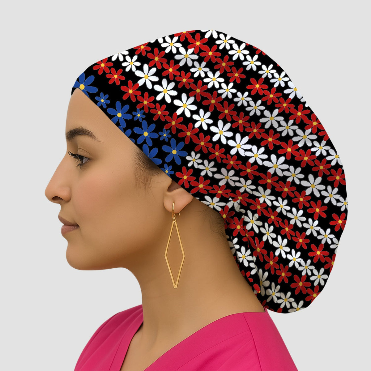 Retro Red Blue Daisy Scrub Cap