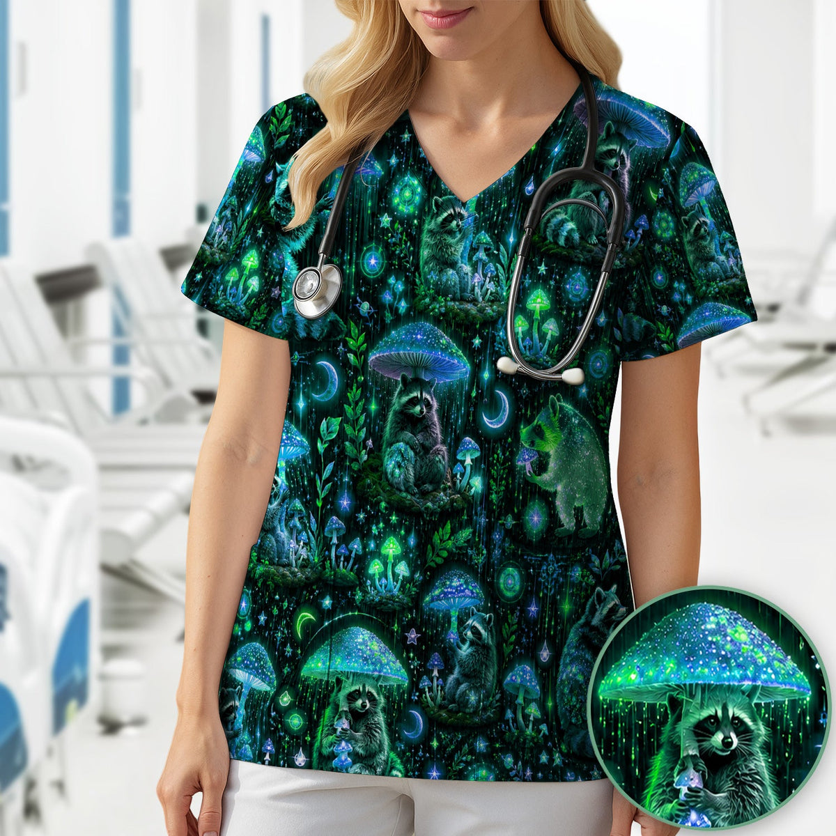 Glowing Raccoon Forest Nurse Scrub Top