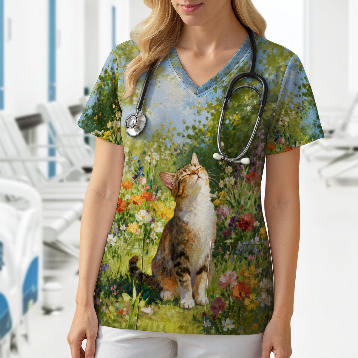 Whimsical Garden Cat Blossom Nurse Scrub Top