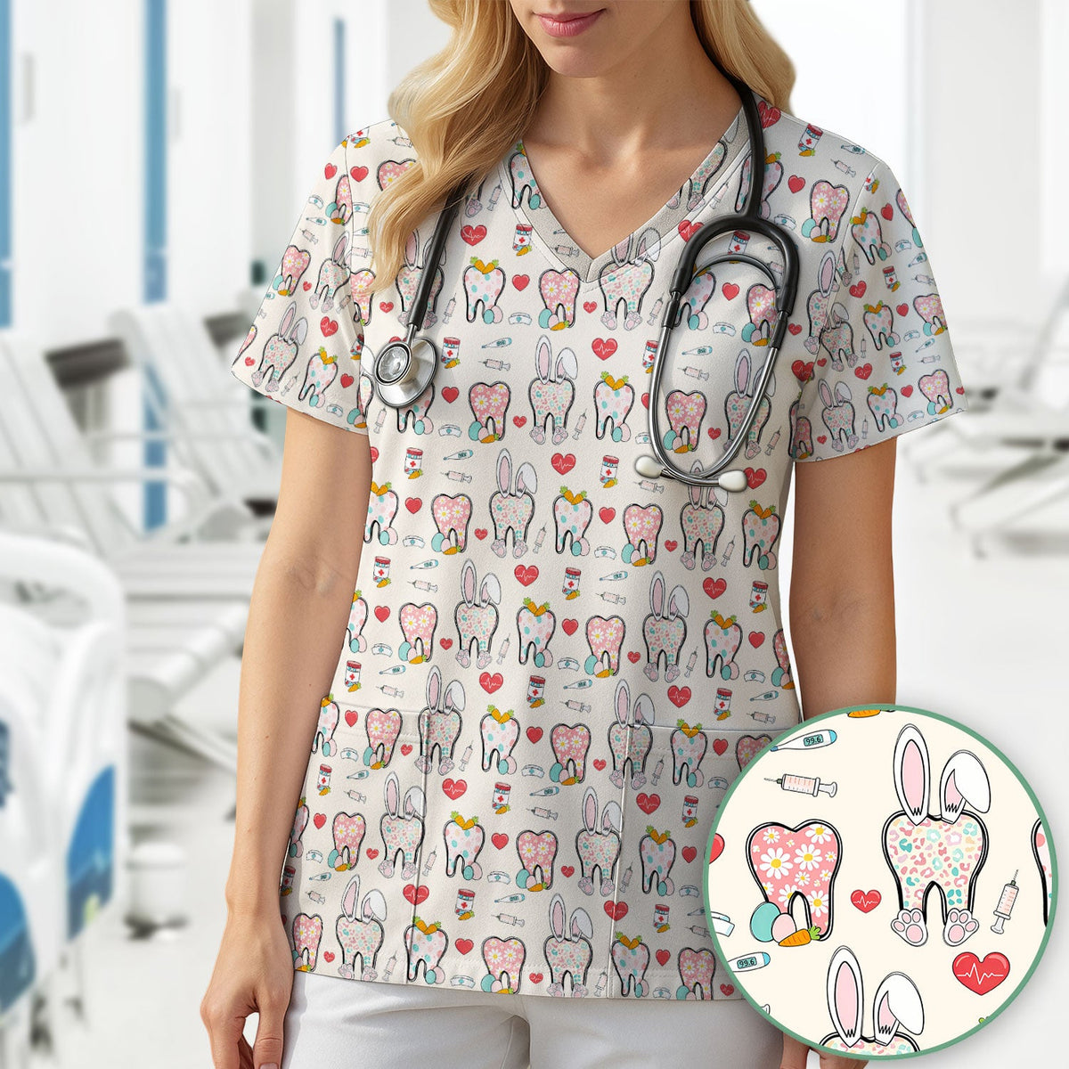 Easter Bunny Dentist Nurse Scrub Top