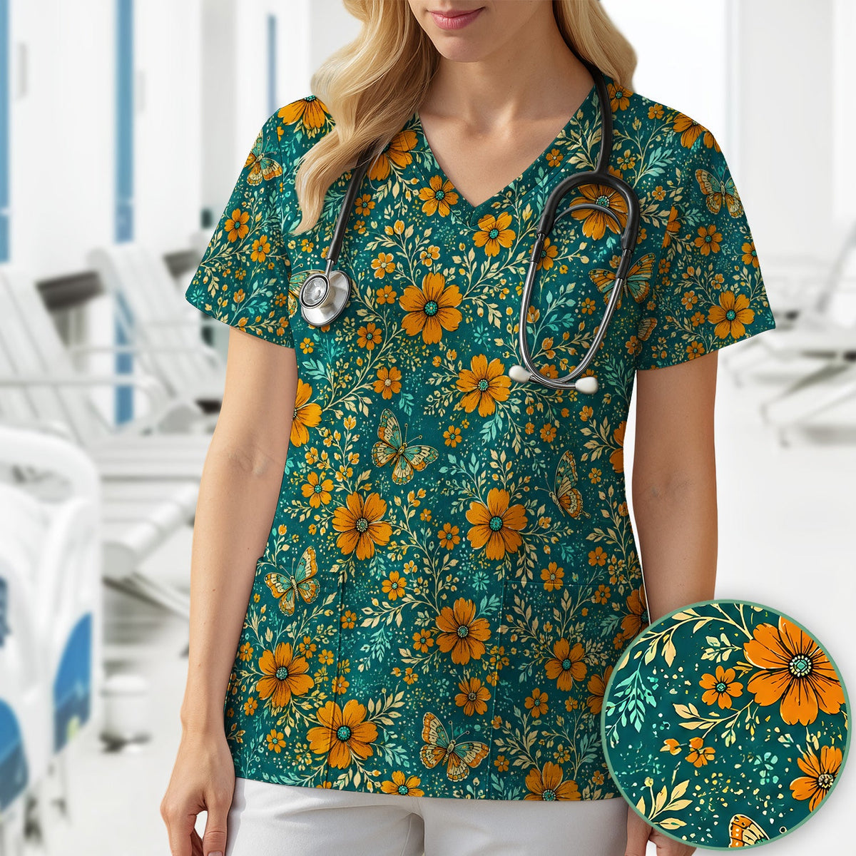 Orange Floral Butterfly Vine Nurse Scrub Top