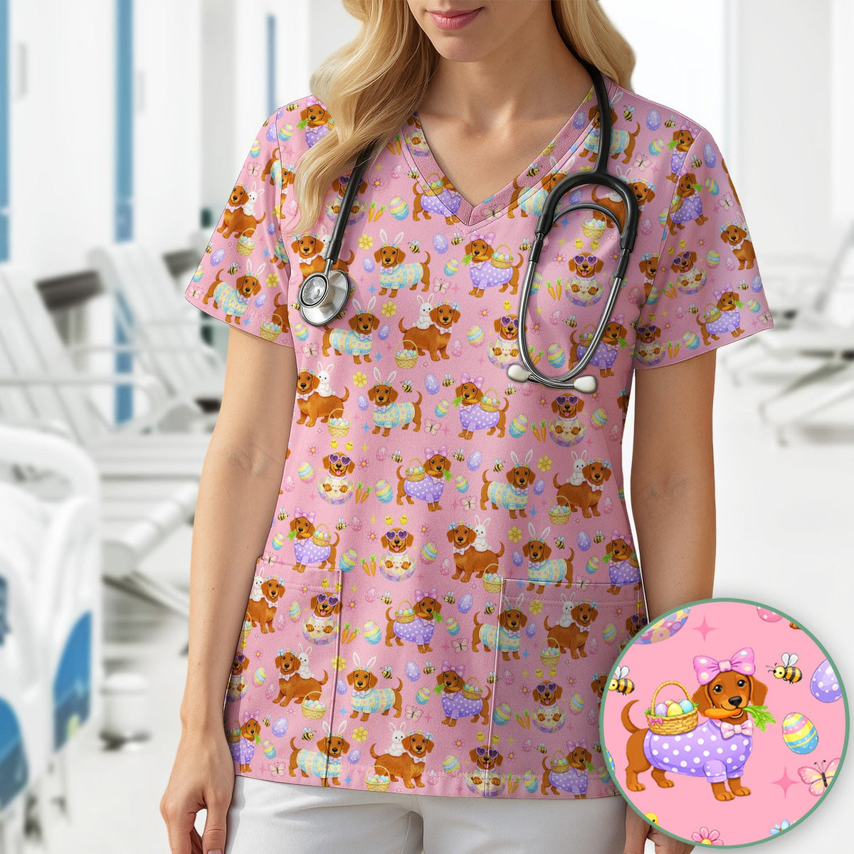 Easter Dachshund Nurse Scrub Top