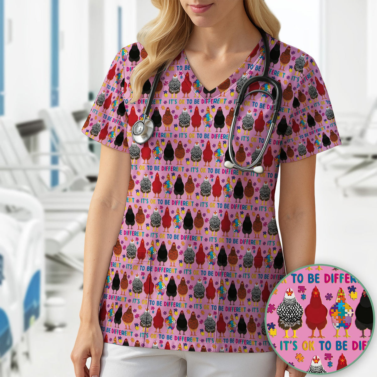 Autism Chicken It's OK To Be Different Nurse Scrub Top
