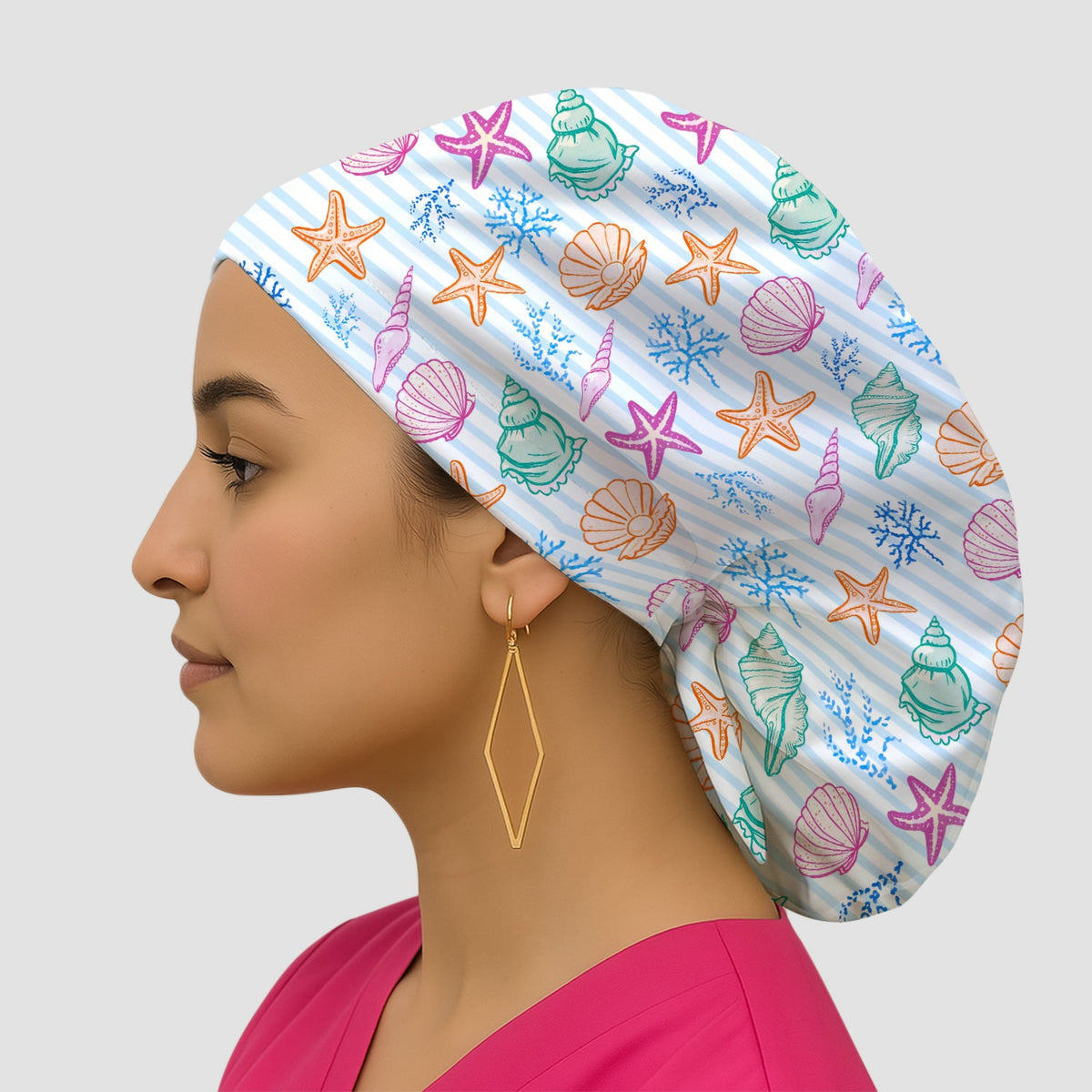 Colorful Seashell Starfish Ocean Stripe Scrub Cap