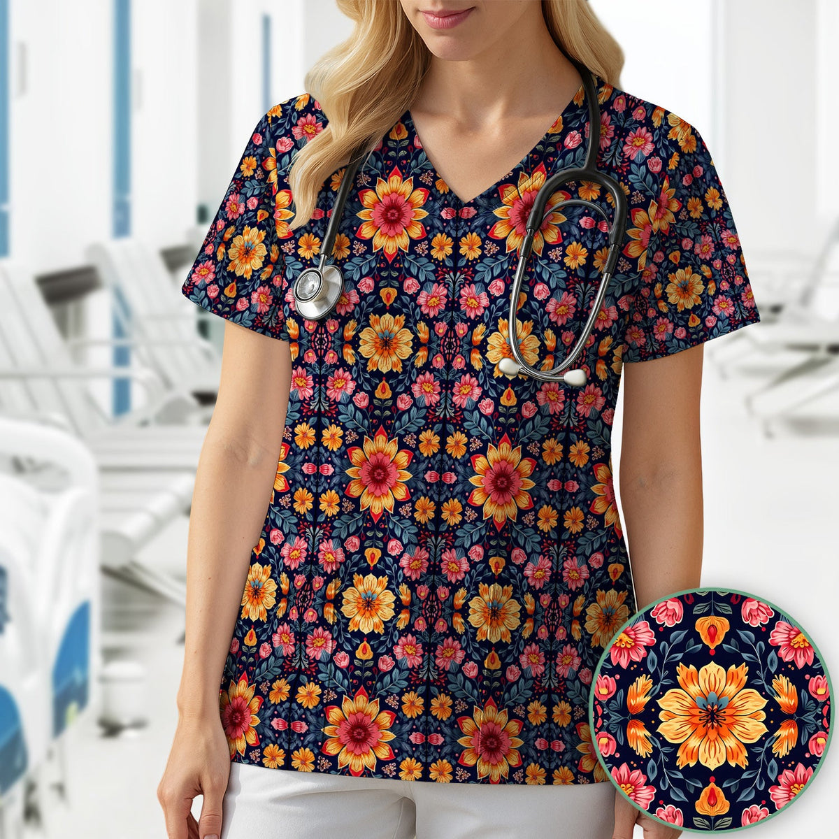 Elegant Dark Floral Nurse Scrub Top