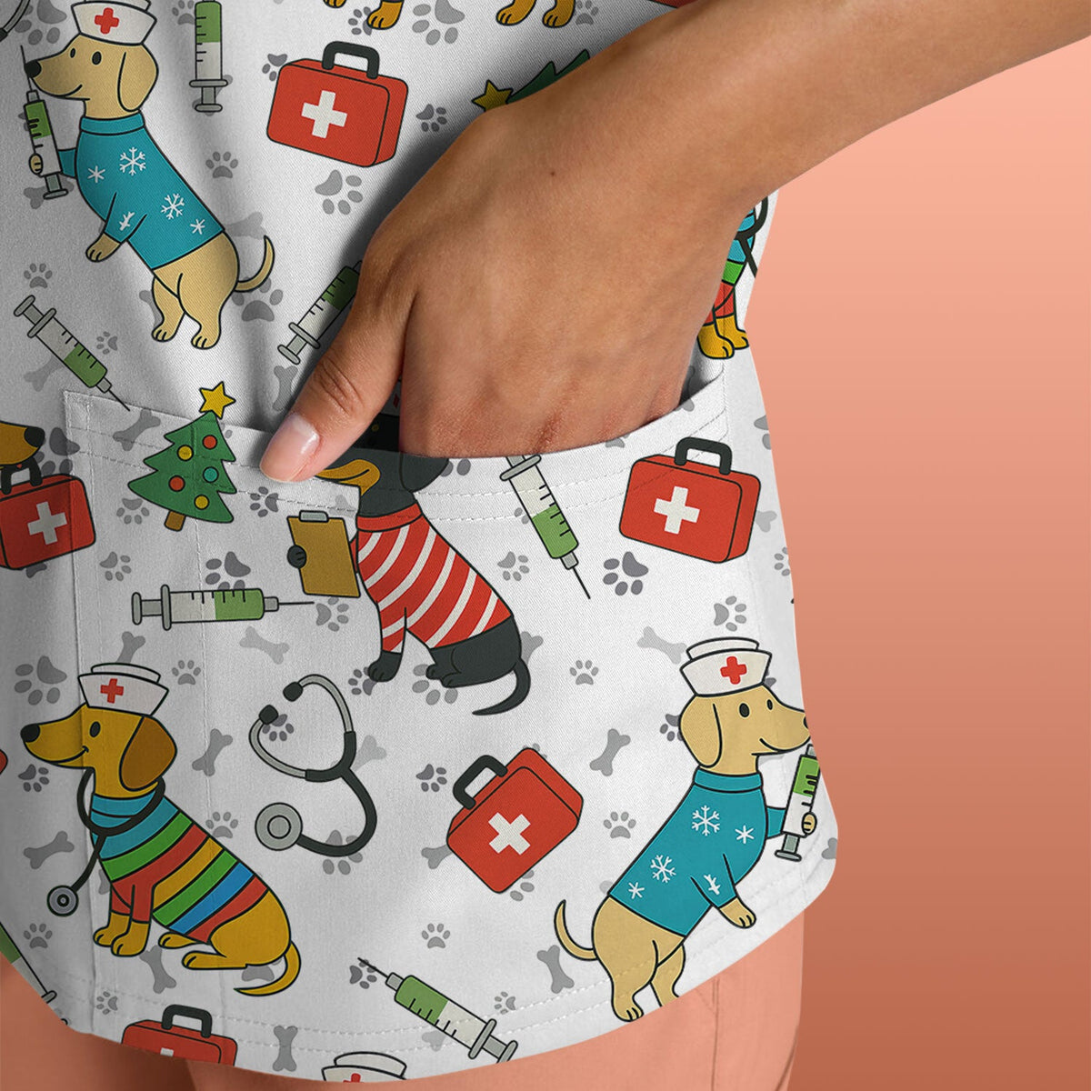 Christmas Dachshund Nurse Scrub Top