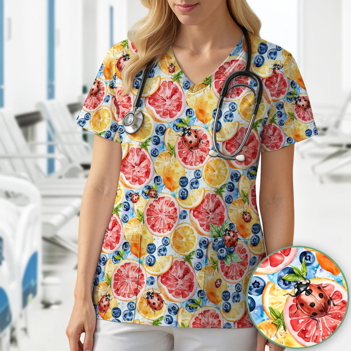 Citrus Berry Ladybug Nurse Scrub Top