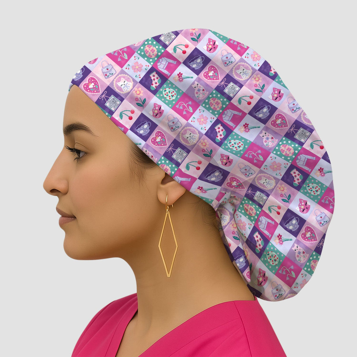 Pastel Cat Patchwork Nurse Scrub Cap