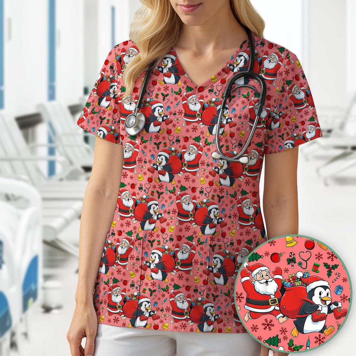 Penguin Santa Nurse Scrub Top - Christmas Gift