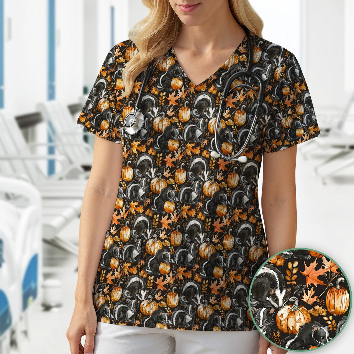 Skunk Pumpkin Autumn Leaves Nurse Scrub Top