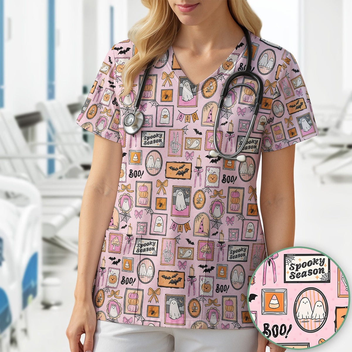 Pink Halloween Ghost Gallery Nurse Scrub Top