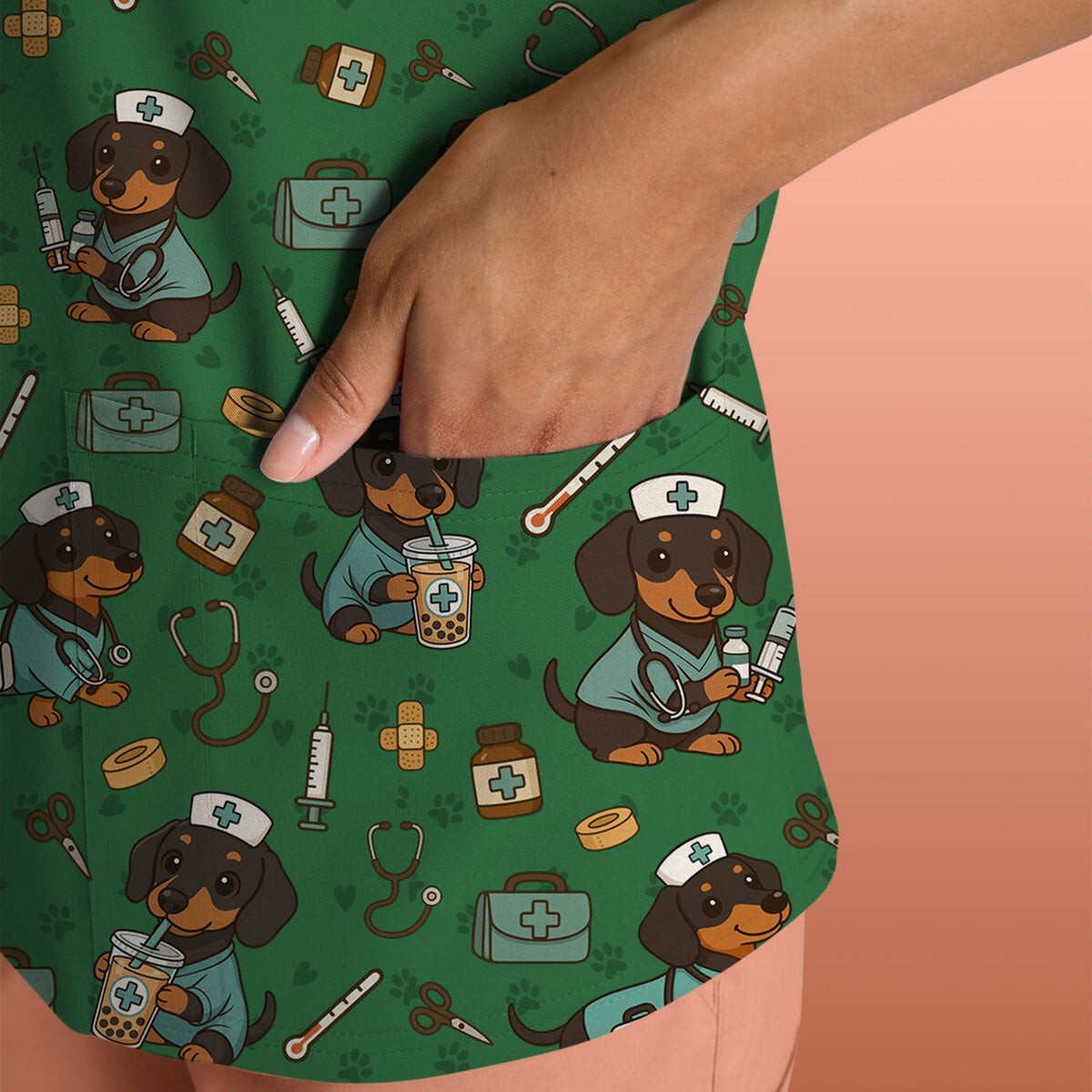 Funny Dachshund Nurse Scrubs - Cute Dog Print Medical Shirt - Holiday Nurse Scrub Top Gift for RN CNA Doctor, Women & Men