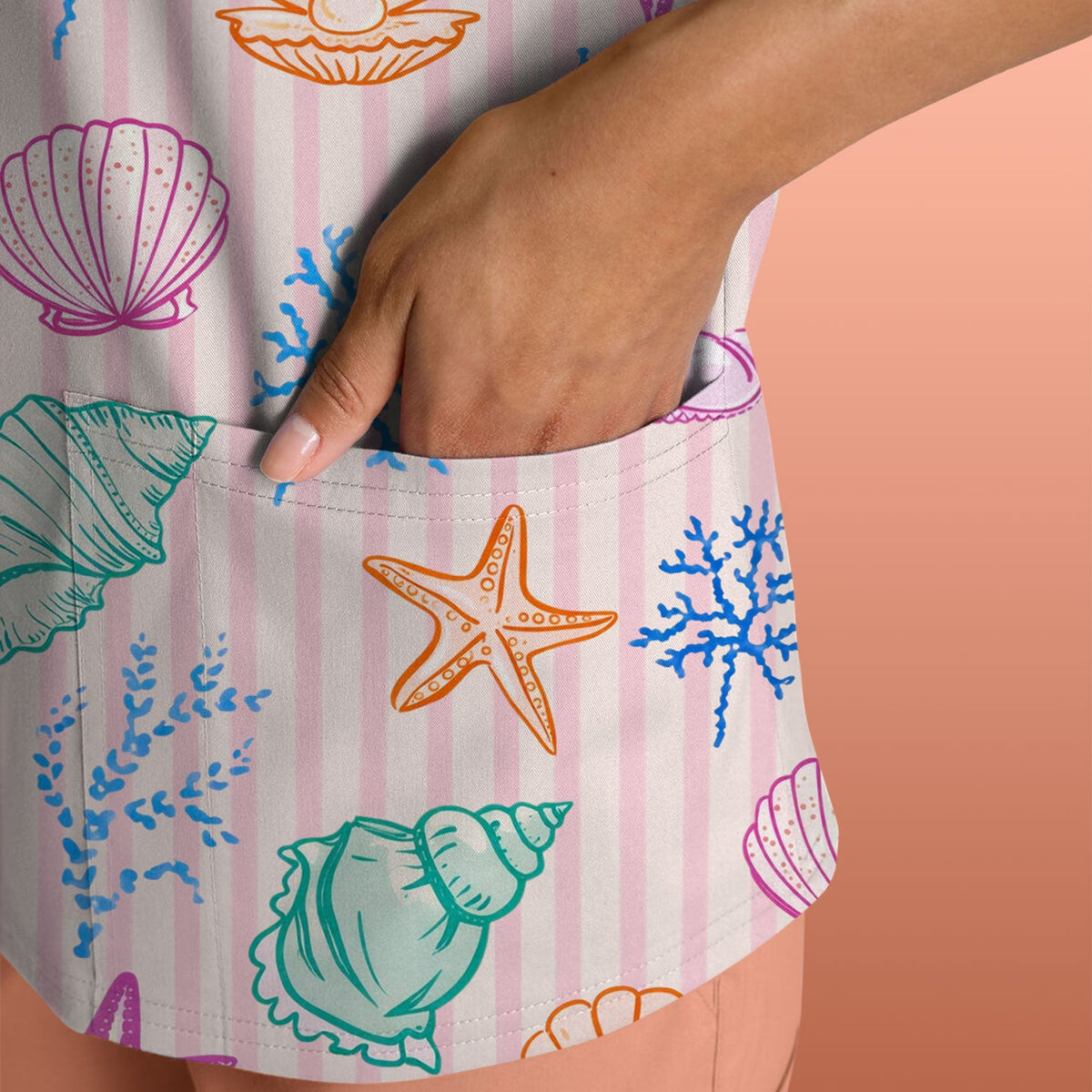 Colorful Seashell Starfish Ocean Stripe Nurse Scrub Top