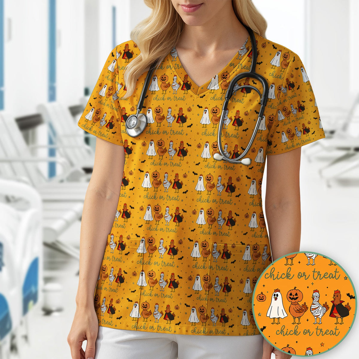 Chick Or Treat Nurse Scrub Top - Halloween Gift