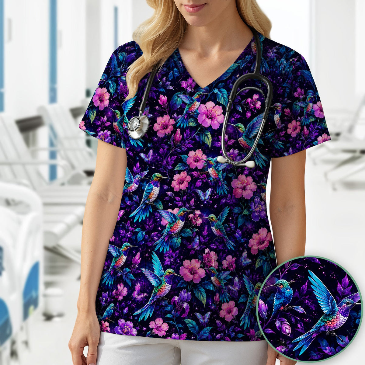 Vibrant Hummingbird Hibiscus Blossom Nurse Scrub Top