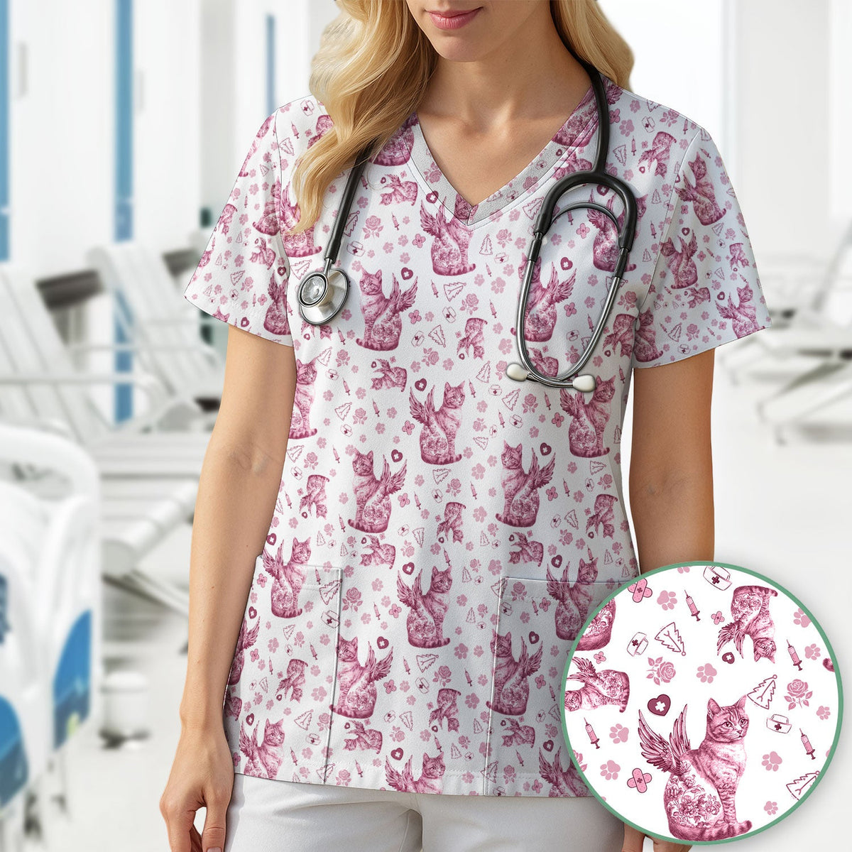 Toile de Jouy Cat Angel Scrub Top - Blue Vintage Nurse Shirt - French Style Medical Uniform for Women RN LPN CNA Gift