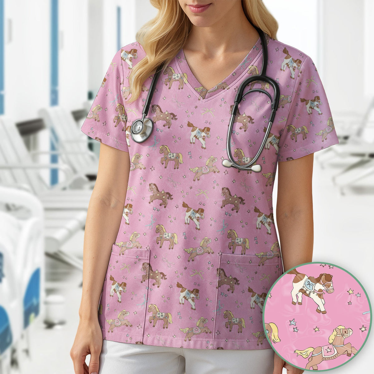 Cute Pony Star Pattern Scrub Top, Comfortable Scrubs for Nurses