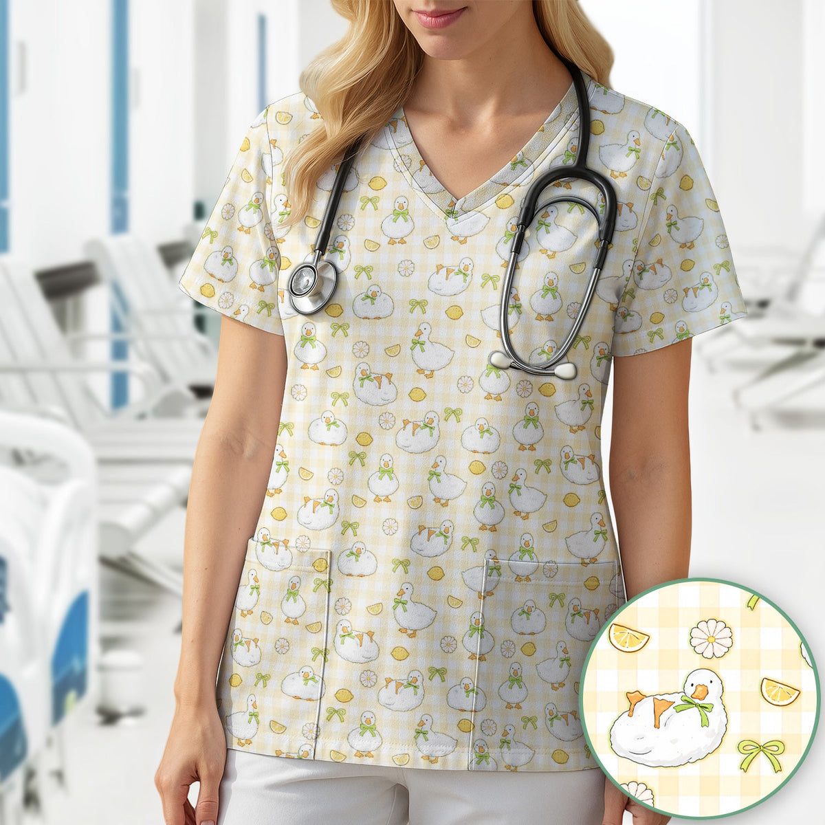 Adorable Ducks Lemon Daisy Nurse Scrub Top