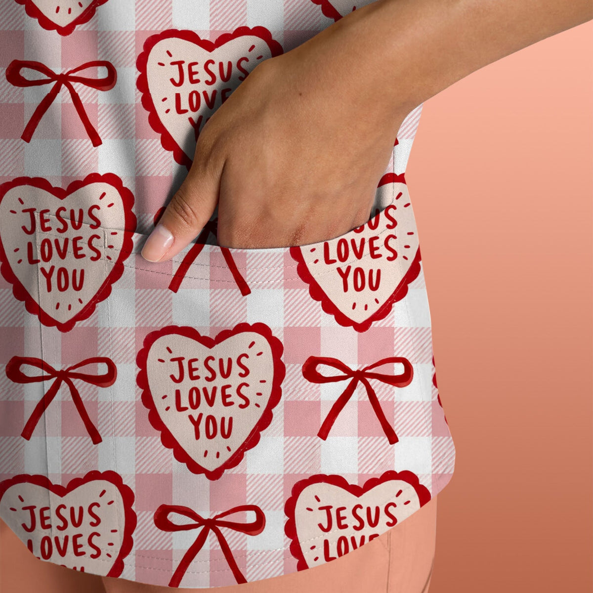 Jesus Loves You Heart Plaid Print Scrub Top, Breathable Fabrics Nursing Uniform
