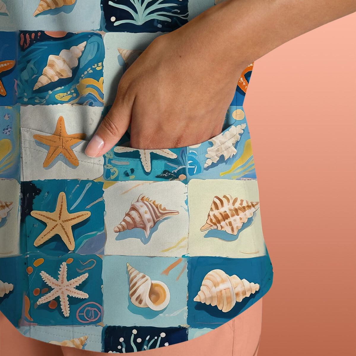 Seashell Starfish Ocean Tile Nurse Scrub Top