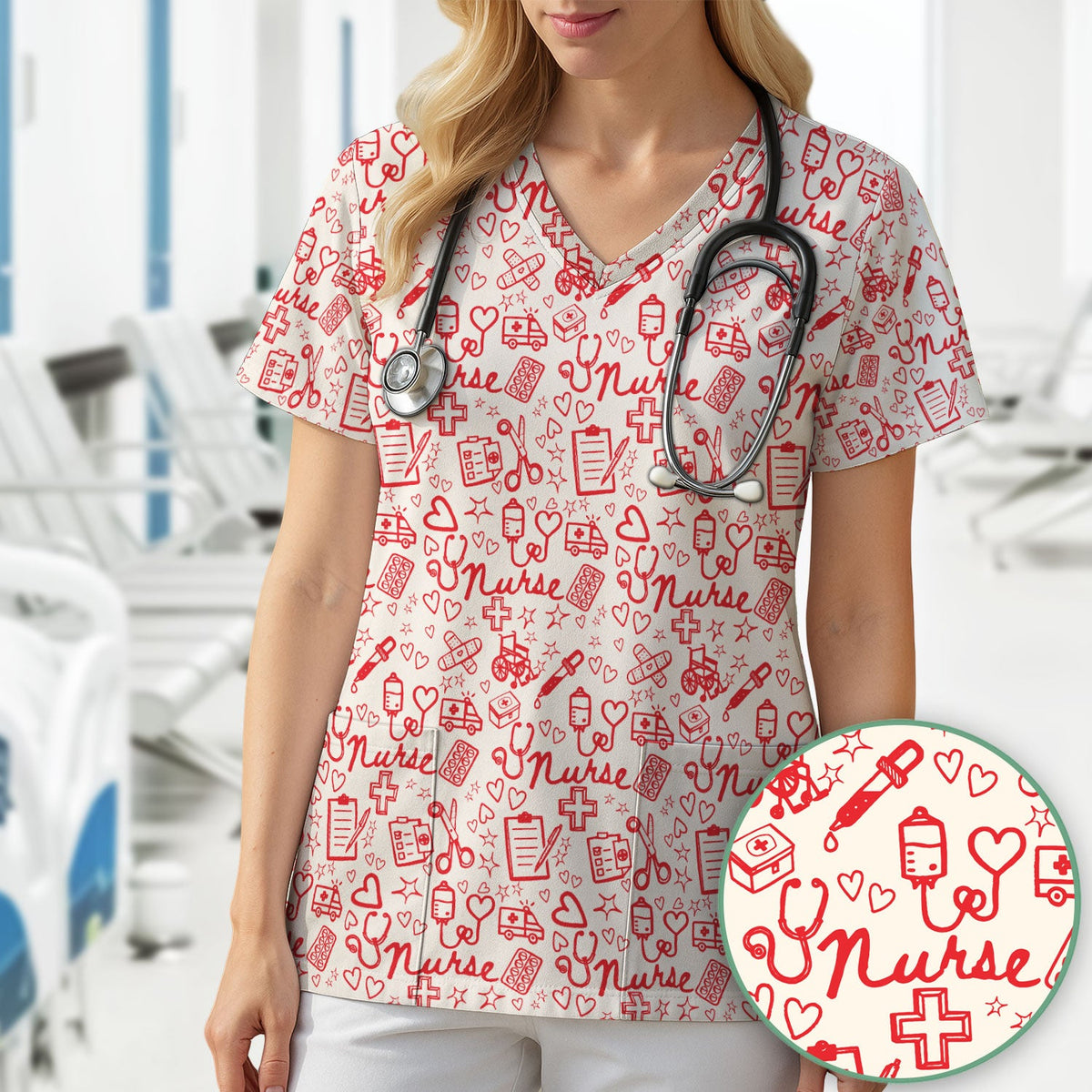 Cute Nurse Heart Medical Pattern Scrub Top, Comfortable Scrubs for Nurses