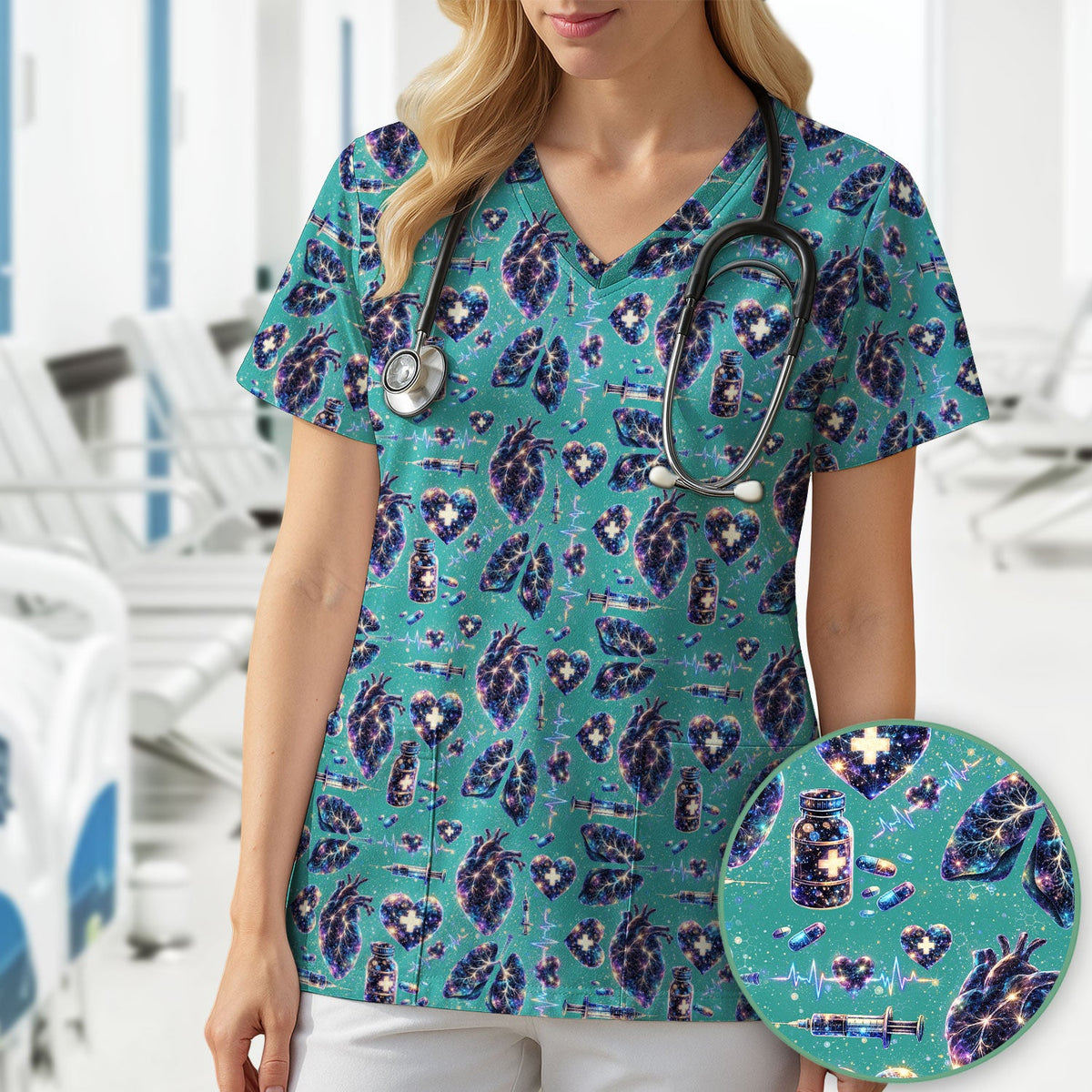 Galaxy Anatomical Heart Lung Syringe Nurse Scrub Top