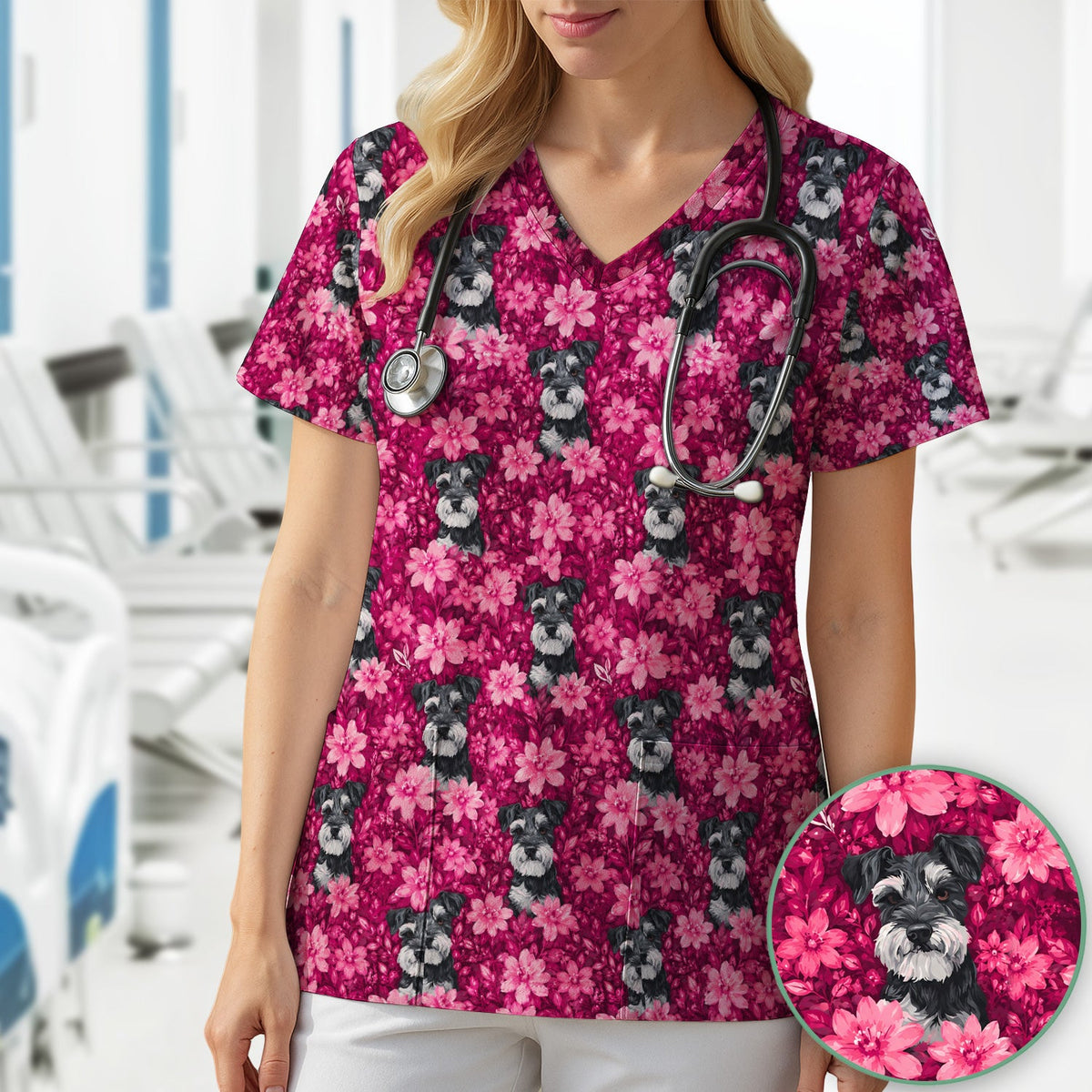 Pink Floral Schnauzer Nurse Scrub Top