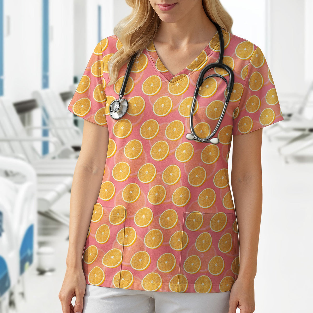Fresh Orange Slice Nurse Scrub Top