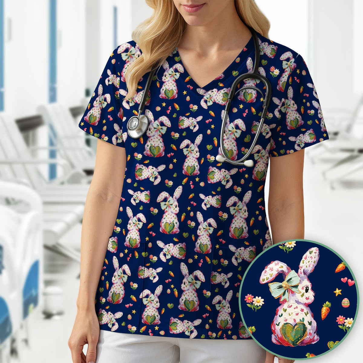 Pastel Bunny Easter Nurse Scrub Top