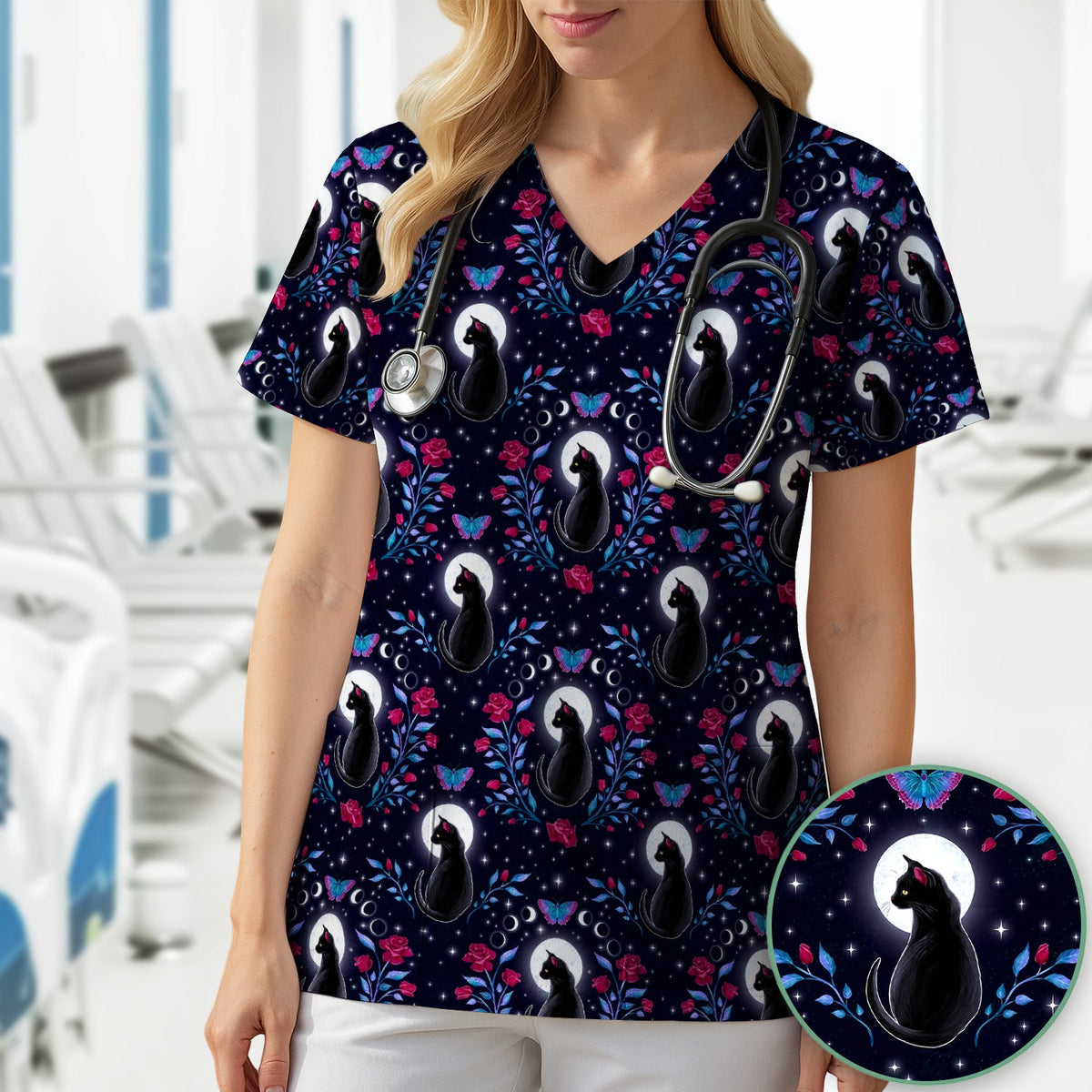 Black Cat Moon Rose Nurse Scrub Top