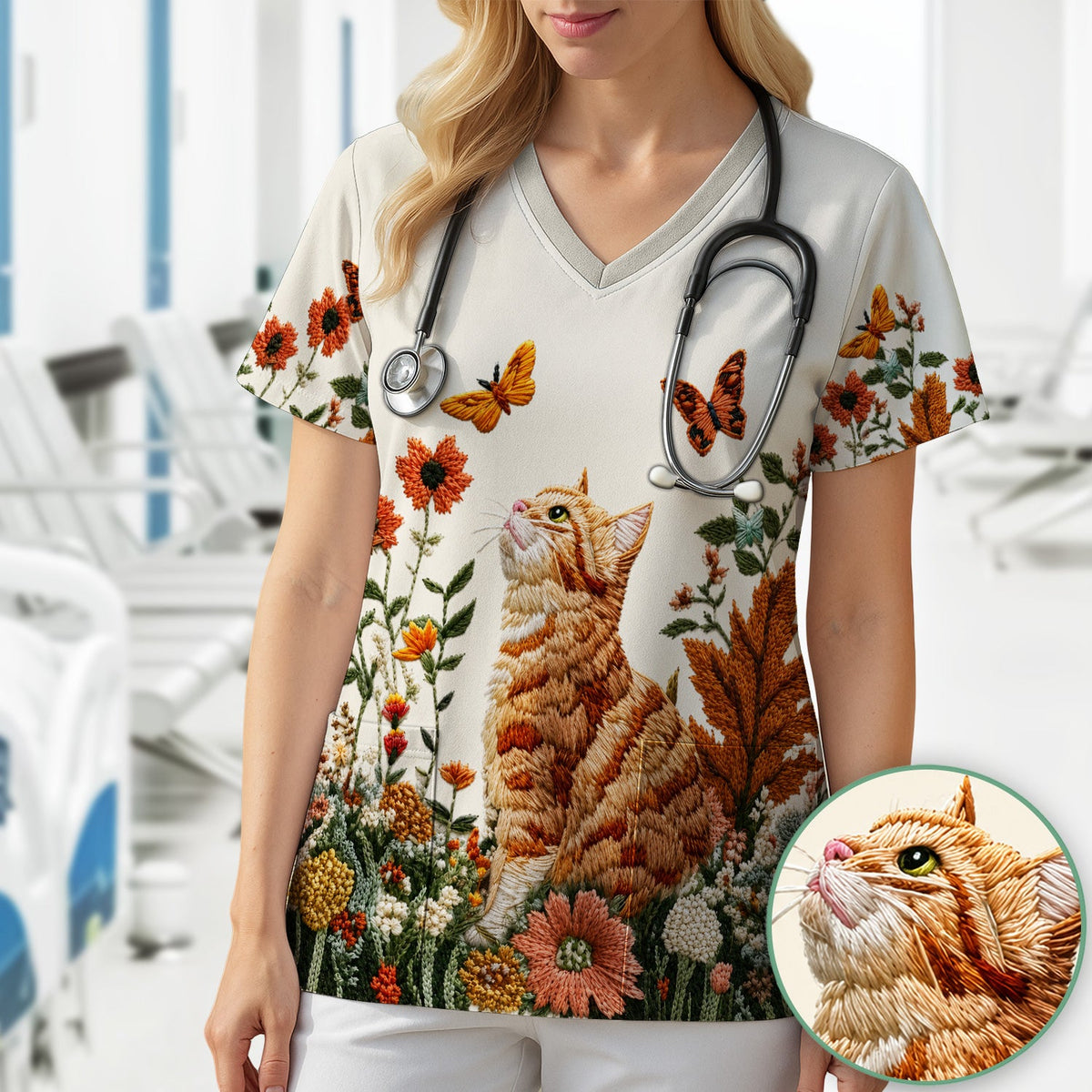 Orange Cat Wildflower Nurse Scrub Top