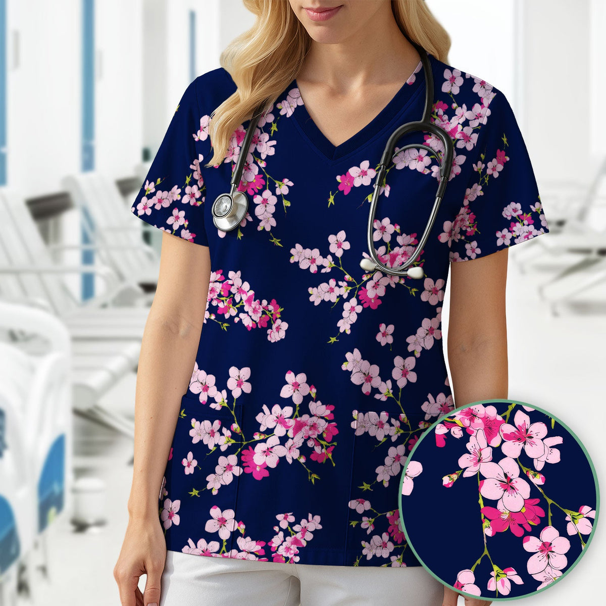 Elegant Cherry Blossom Nurse Scrub Top