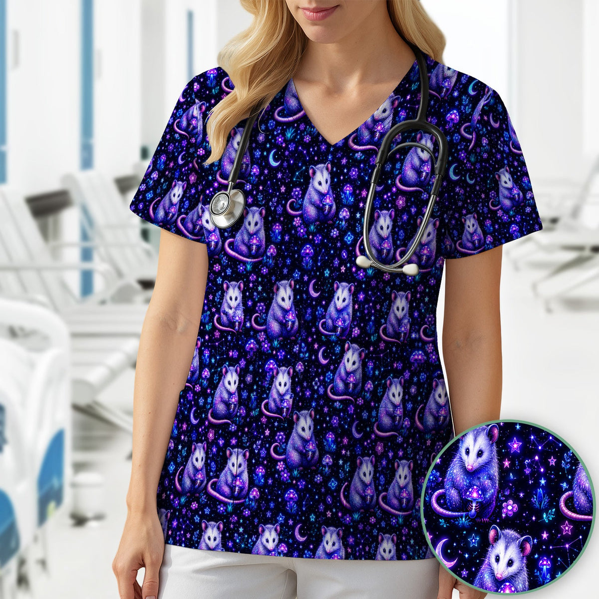 Neon Opossum Mushroom Galaxy Nurse Scrub Top