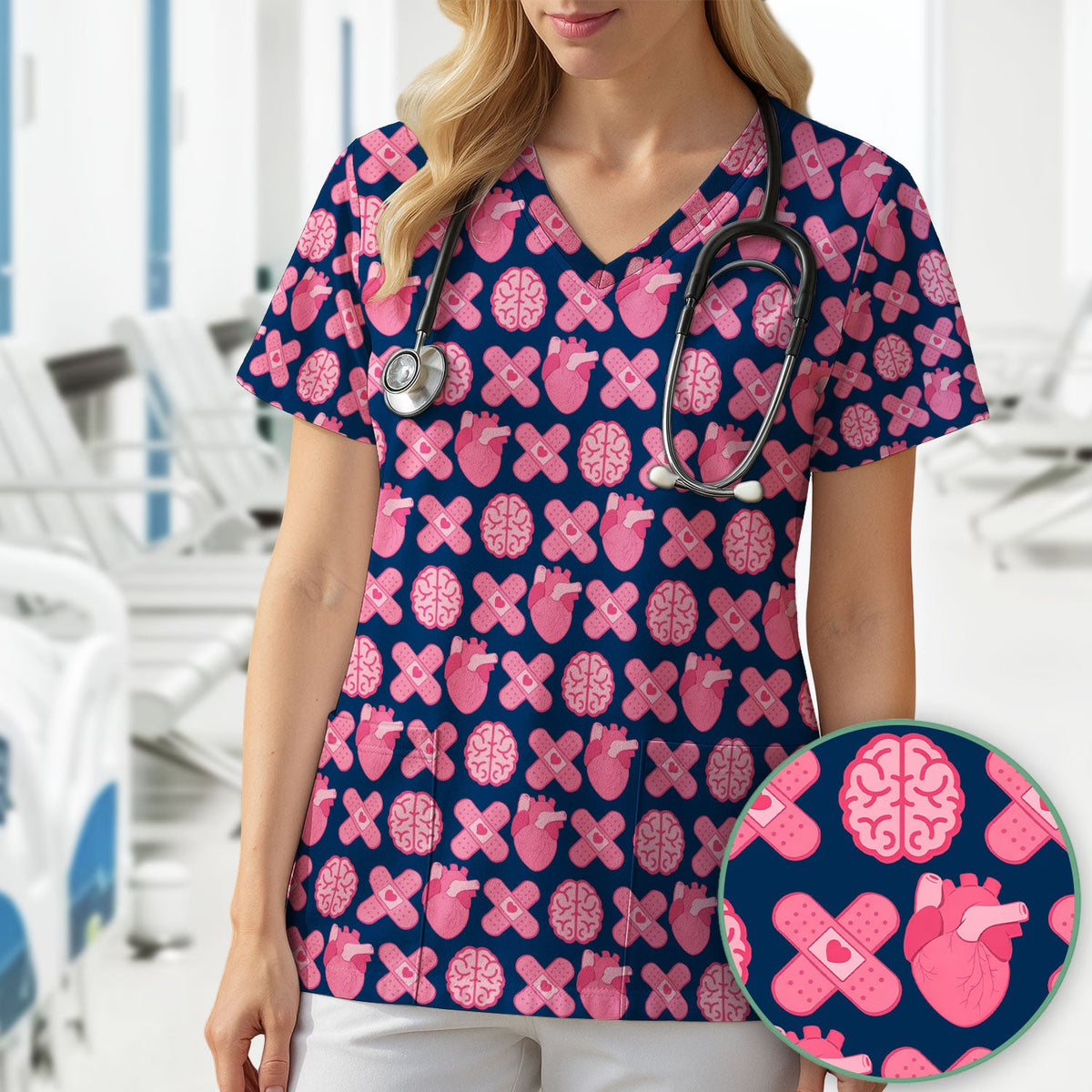 Heart & Brain Medical Icon Pattern Scrub Top, Breathable Fabrics Nursing Uniform