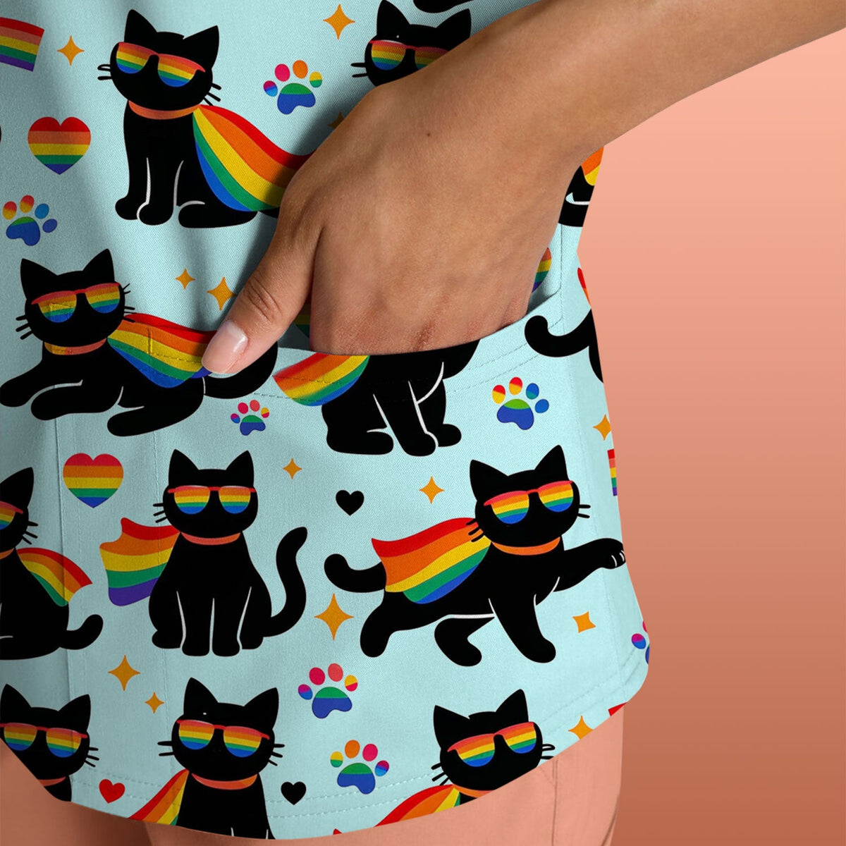 Rainbow Black Cat Pride Nurse Scrub Top