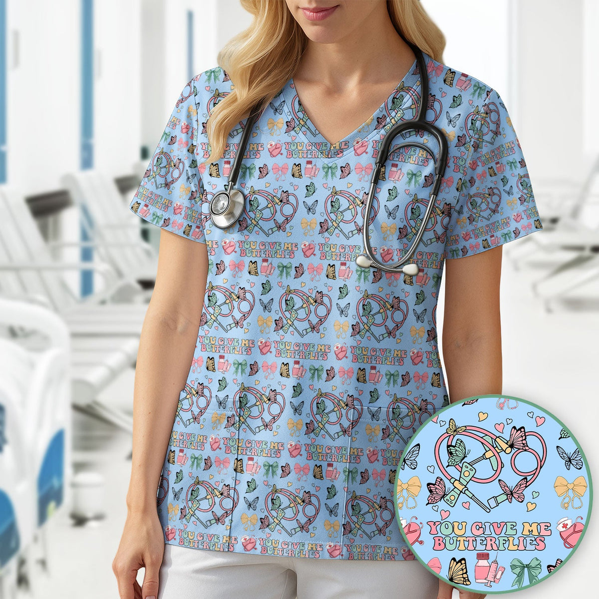 Butterfly Heart Nurse Scrub Top - Valentines Day Gift