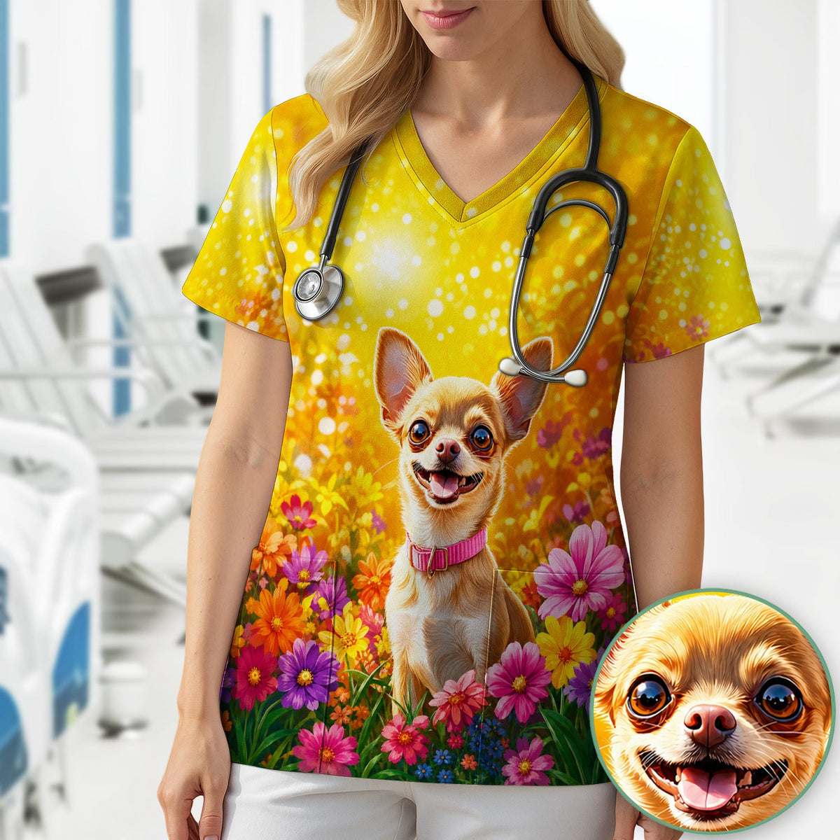 Chihuahua Flower Meadow Nurse Scrub Top