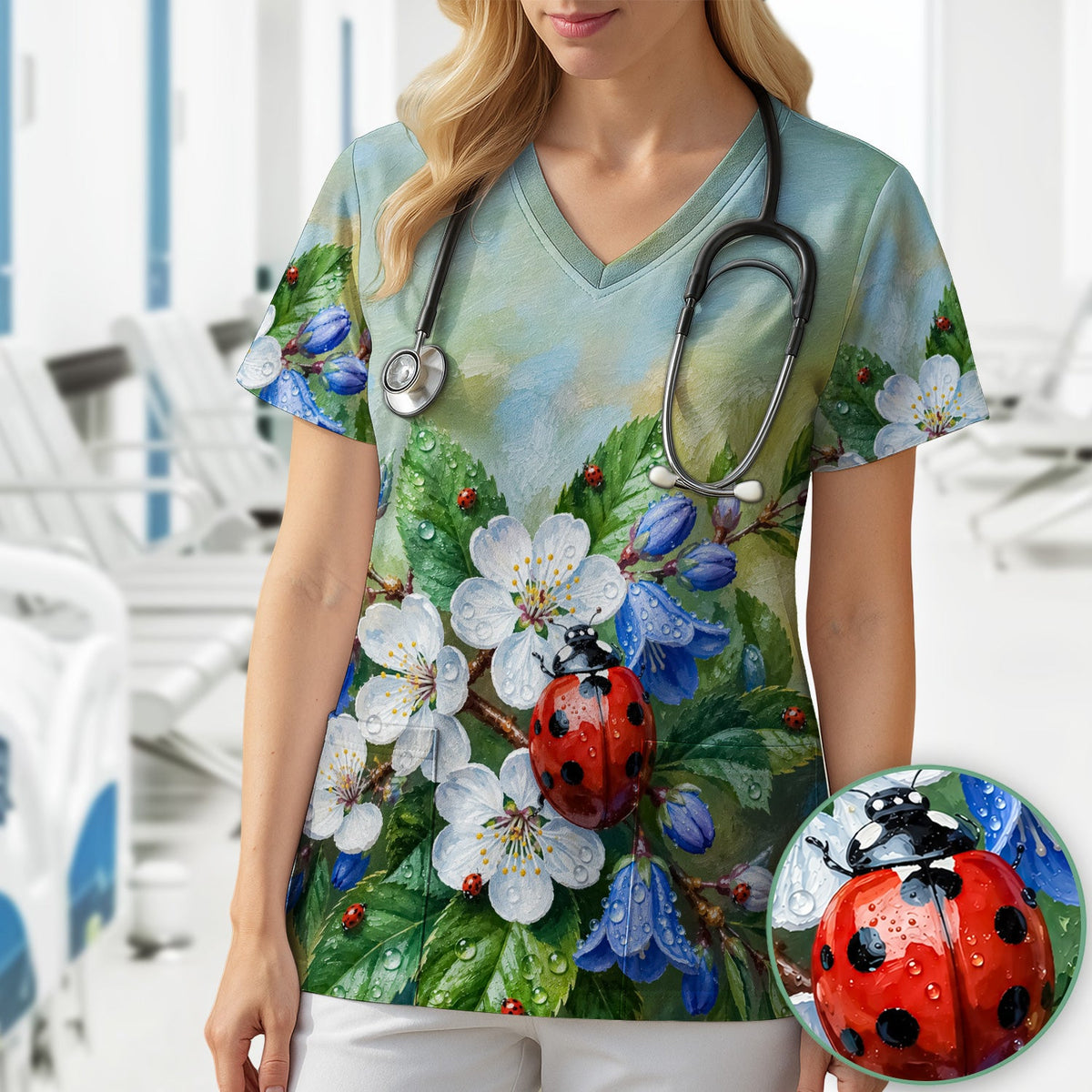 Ladybug Blossom Garden Nurse Scrub Top