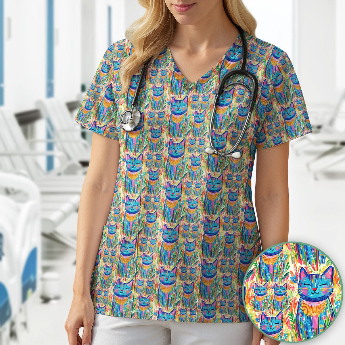 Colorful Rainbow Cat Floral Brushstroke Nurse Scrub Top