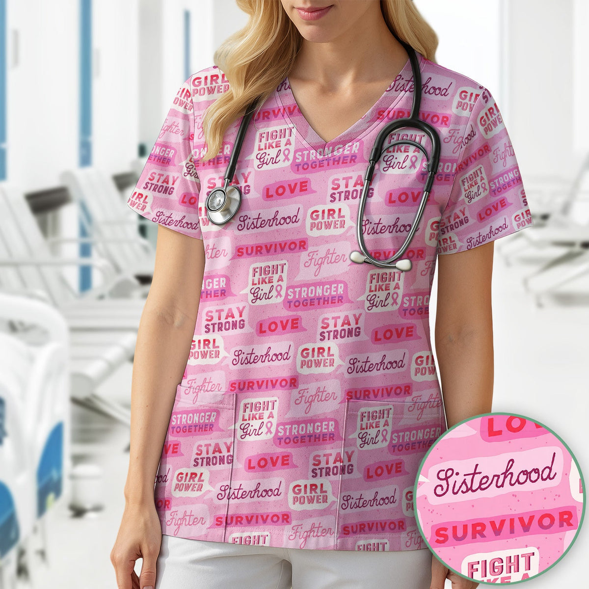 Pink Ribbon Quotes Nurse Scrub Top