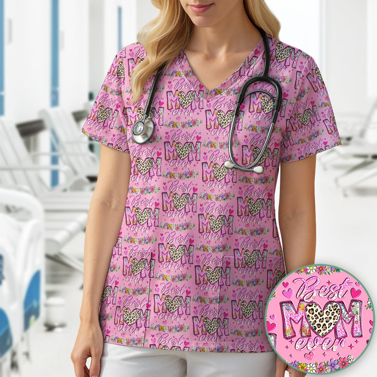 Best Mom Ever Leopard Heart Nurse Scrub Top